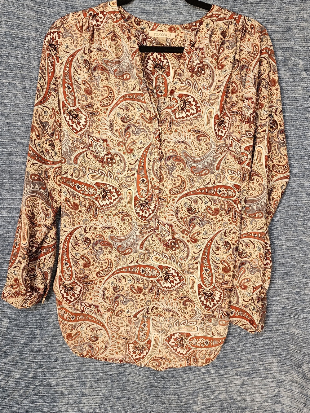 Roz & Ali Paisley Split-Neck Blouse in Rust, Cream & Taupe